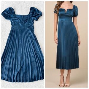 Lulu's Teal Satin Midi Dress with Pleated Skirt